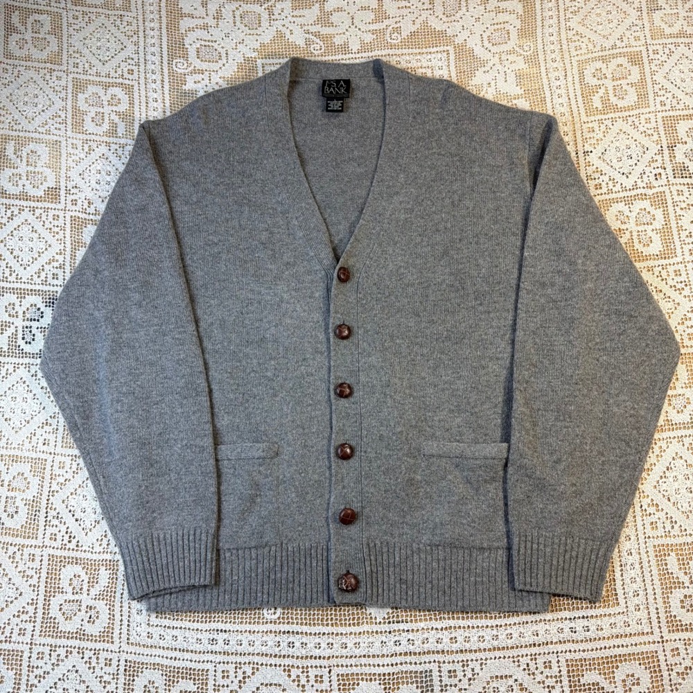 Jos A Bank Mens Large Gray Lambswool Blend Button Front Cardigan Sweater V-Neck